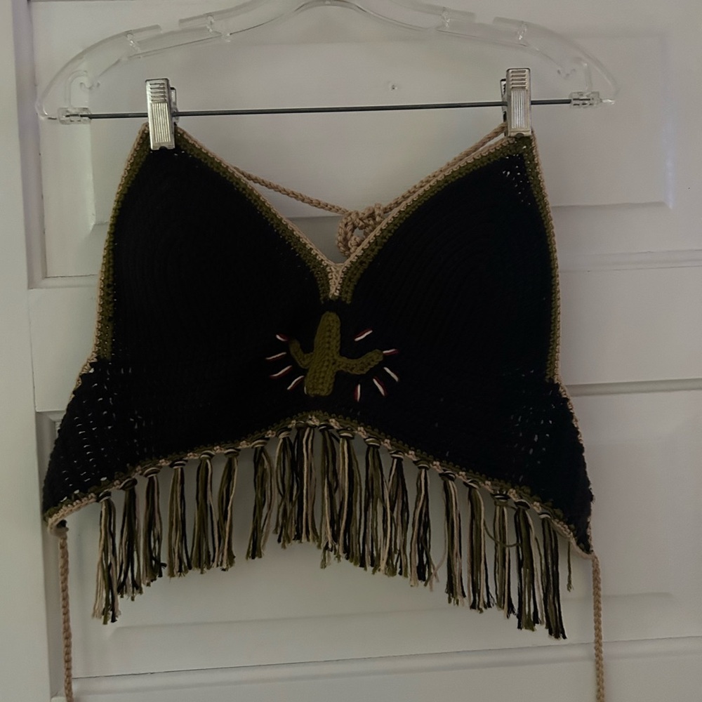 Black Crochet Fringe Top